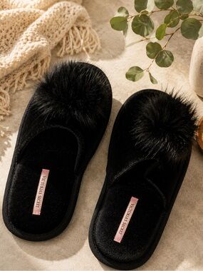 Victoria's Secret Black Fuzzy Pom Slide Slippers